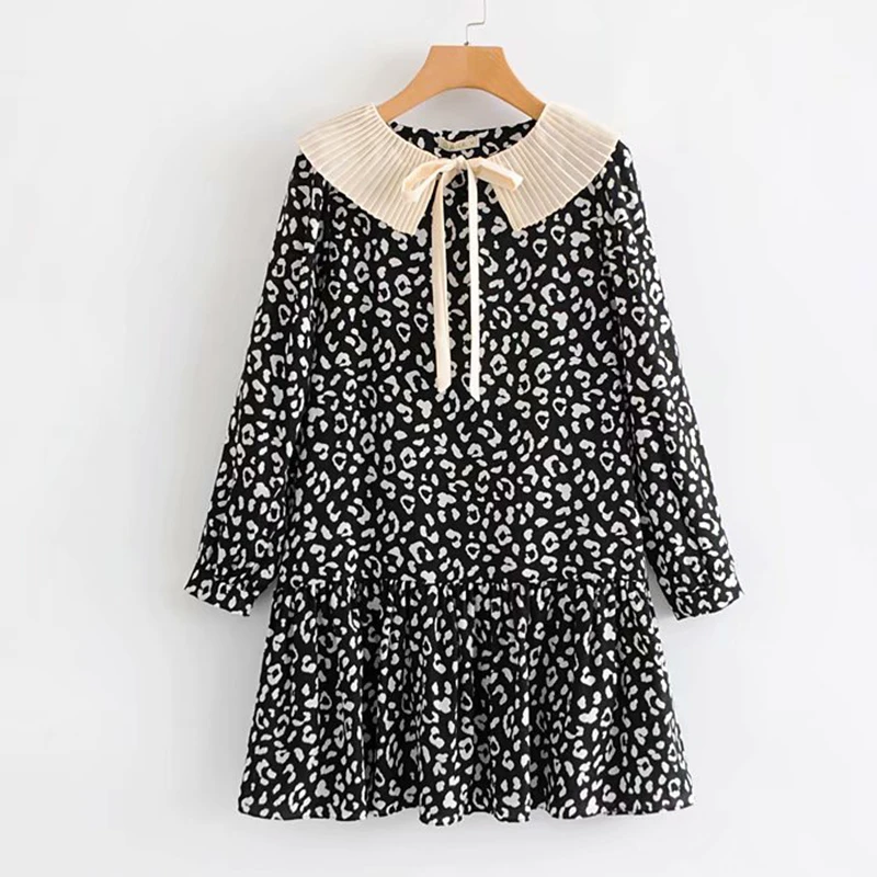 Women's Clothing Dress 2019 Vintage Leopard Two-Tone Pleated Ruffled Collar Lace Up Dress Ms Summer Street Sexy Leisure Clothing