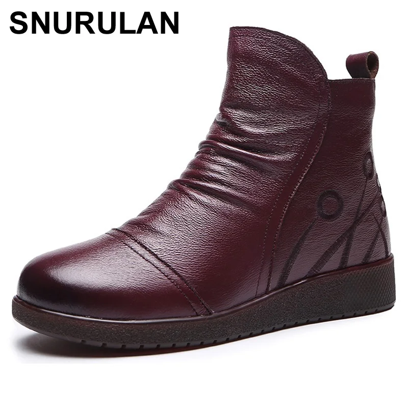 

SNURULANNew Vintage Pleated Genuine Leather Zipper Ankle Boots For Women Snow Boots Winter Short Plush Warm Flat Shoes WomanE024