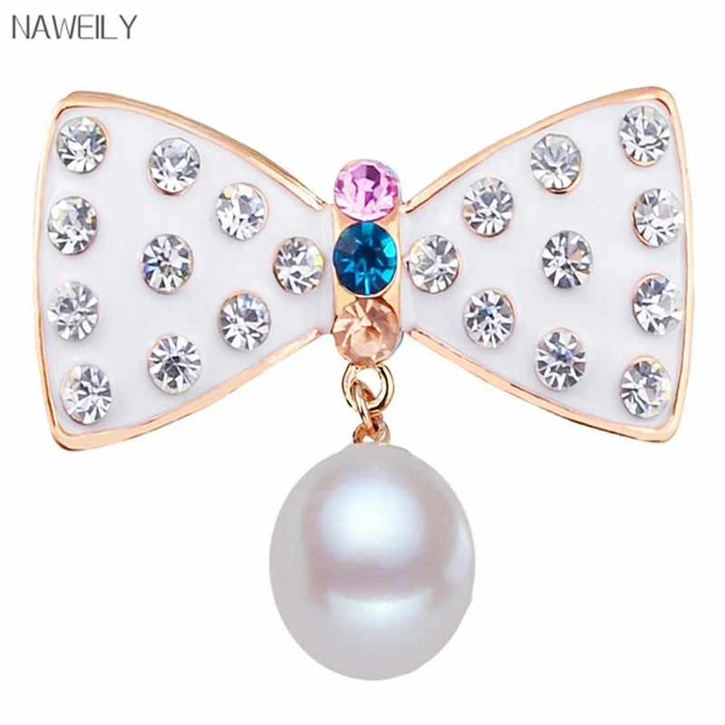 Fashion Luxury Cute Crystal Bow Brooches Gold Metal Simulated Pearl Brooch Pins Scarves