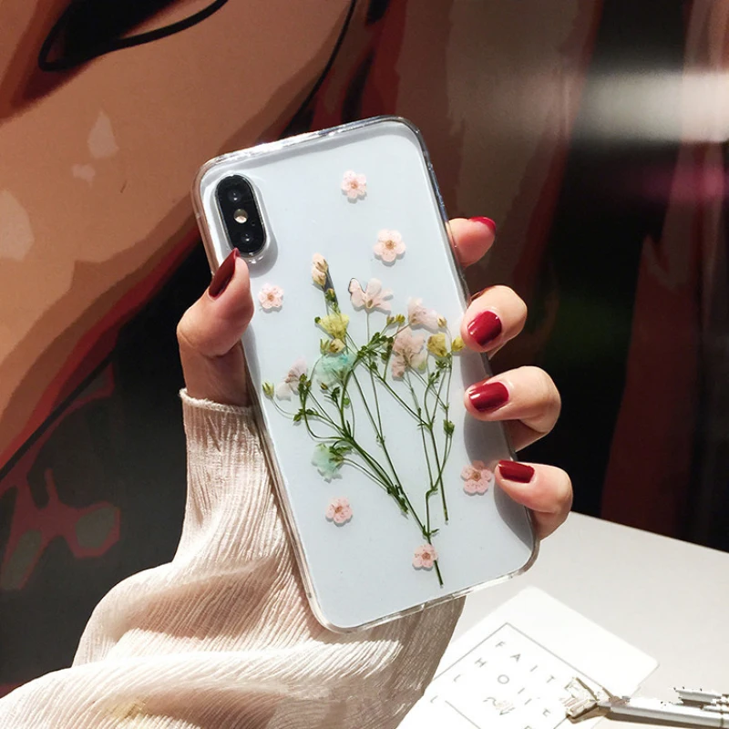 

For iPhone X Xs Max Xr iPhone 6 6s 7 8 Plus Transparent case Epoxy specimen dry flower real Flower Hard Case iPhone Case