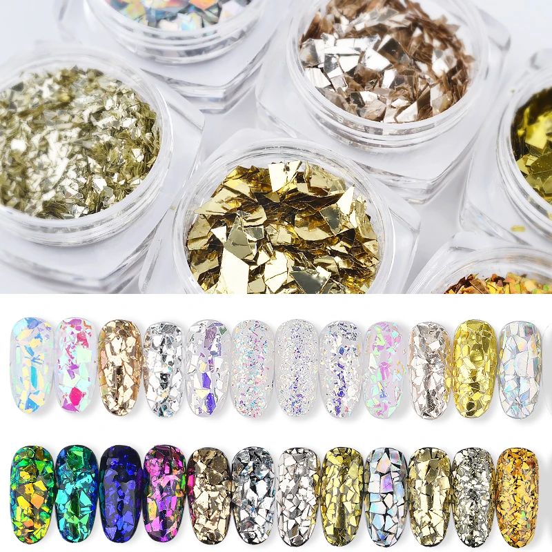  6Pcs Holographic Nail Glitter Sequins Set 3D Irregular Broken Glass Nail Art Foils Flakes Aurora Co