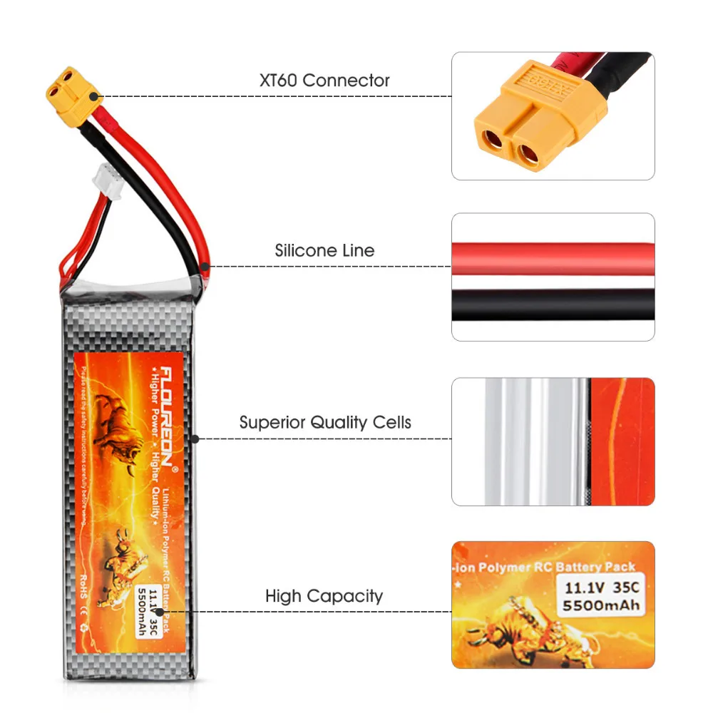 FLOUREON 11,1 V 5500mAh 3S 35C Lipo RC батарея XT60 вилка перезаряжаемая Lipo батарея для RC вертолет, самолет с радиоуправлением RC Хобби