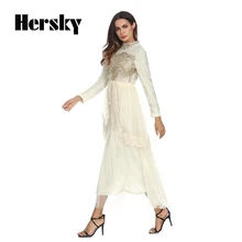2018 Middle East Abaya Dress Muslim Women Splice Lace Gauze Dresses Turkish Robe Musulman Islamic Dubai