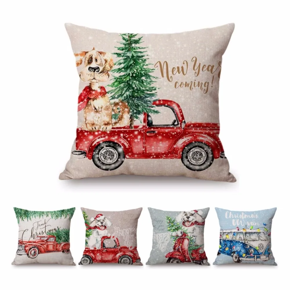 

2023 Cute Watercolor Christmas Decoration Sofa Throw Pillow Case Christmas Truck Tree Lovely Puppy Dog Letter Snow Cushion Cover