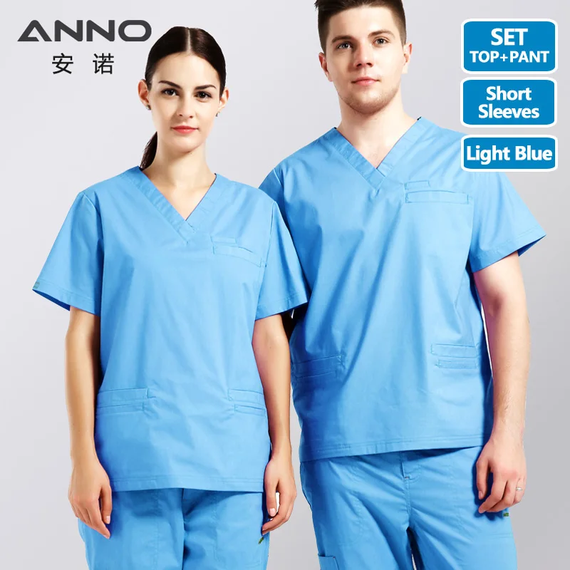 ANNO эластичные медицинские скрабы больничный персонал Униформа красивая одежда для кормления и салон Slim fit модный дизайн хирургический халат - Цвет: TianLan-Short-Set