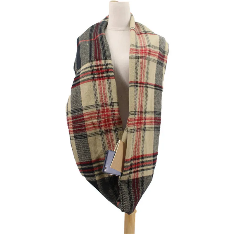 winter Infinity Scarf with Zipper Pocket Women Plaid Warm Cashmere Scarves Female Foulard ladies Shawls Pashmina