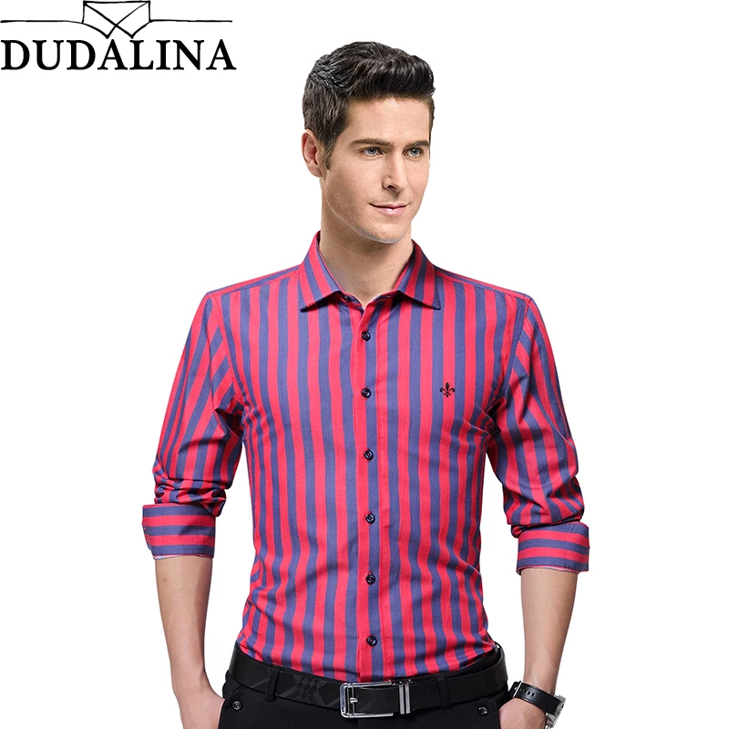 En Ligne Dudalina De Mode Broderie Rayé Marque Vêtements Hommes À Manches Longues Chemise 2017 Slim Fit Chemise M 5XL Chemise Décontractée Hommes Vêtements