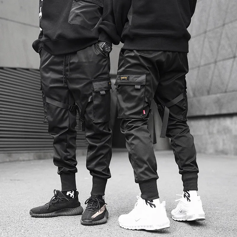

Gothic Streetwear Ribbon Black Cargo Pants With Many Pockets Summer Men's Pants Sweatpants Military calca tatica masculina