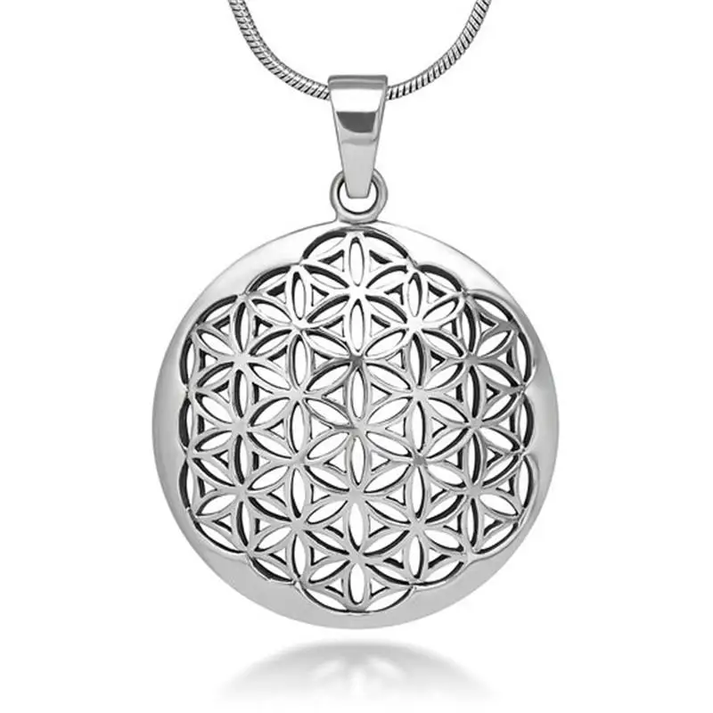 Silver Plated Flower of Life Pendant Necklace Om Symbol Mandala Hexagon Sacred Geometry Jewelry Fleur De Vie for Women