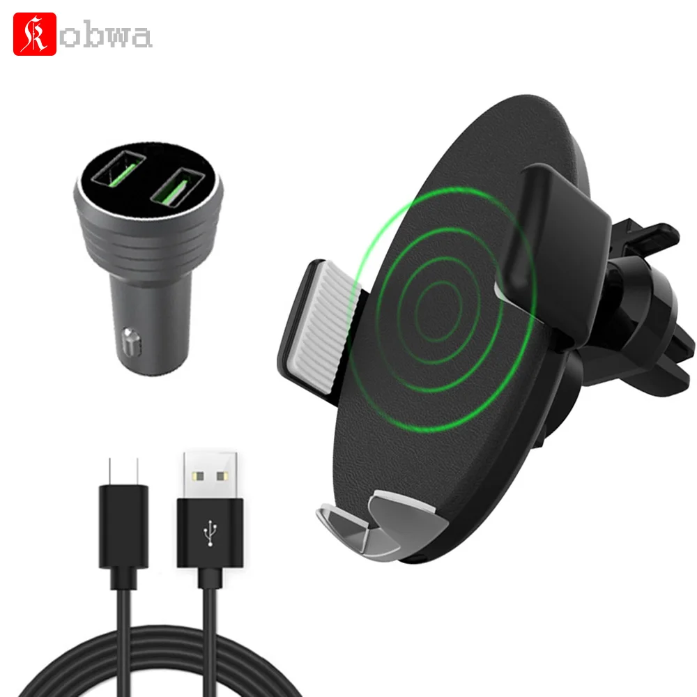

Kobwa Qi Wireless Car Charger Mount Car Air Vent Mount Phone Holder Send Dual USB Fast Charger Type C Cable For mobile Phone