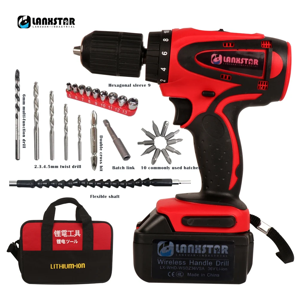 

Lanxstar 36V Lithium Drill Rechargeable Hand Drill Multi-function Household Electric Screwdriver Tool Small Flashlight Turn