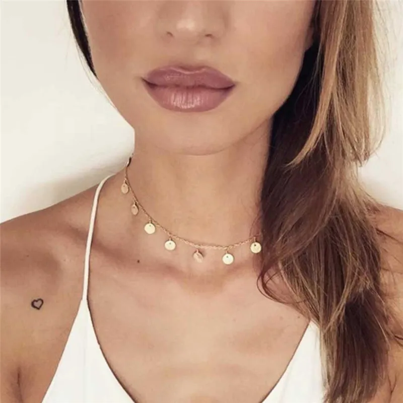 

Women Fashion Charm 1cm Golden Sequins Tassel Necklace Simple Metal Pendant Necklace Jewelry Gifts