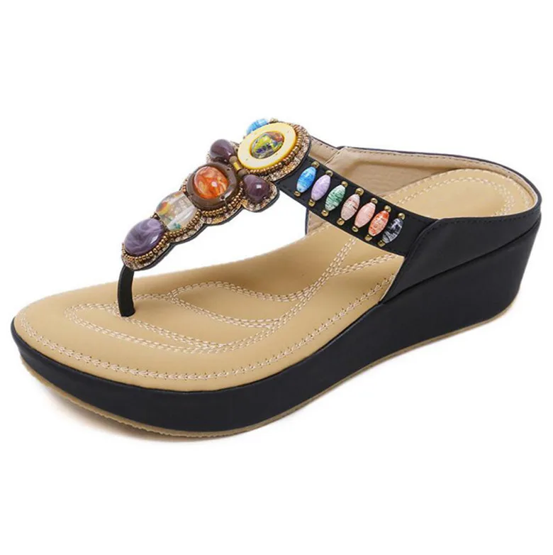TIMETANG/вьетнамки на танкетке; женская летняя обувь на высоком каблуке; богемные сандалии на платформе с бусинами; женская обувь; Sandalias; большие размеры 35-42 - Цвет: Черный