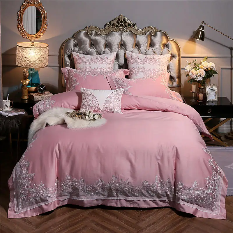 

Luxury embroidery Egyptian Cotton Pink Bedding set King Queen size bed set Bed sheet set Bed/Duvet Cover juego ropa de cama
