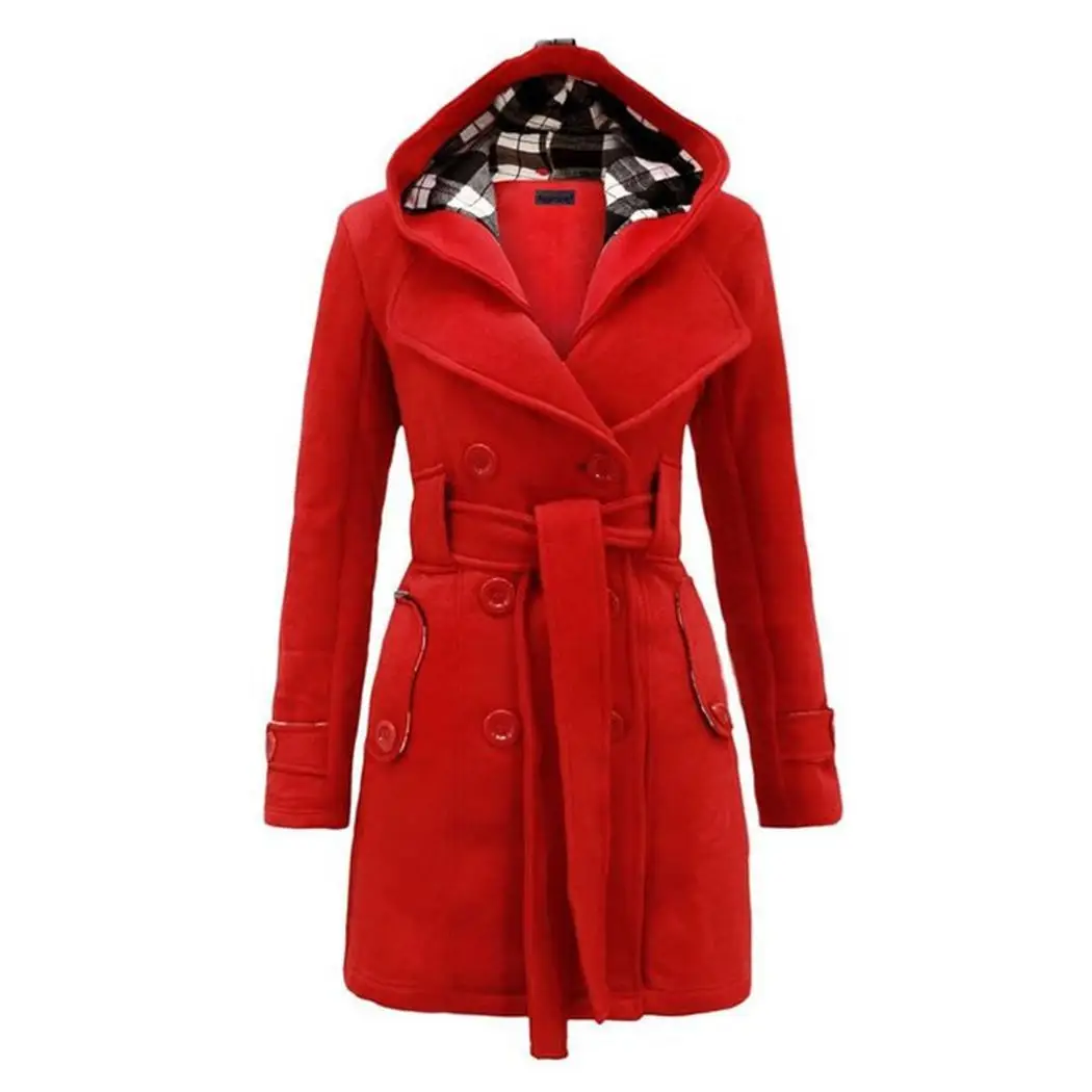 Для женщин на каждый день с капюшоном воротник, длинный рукав, пуговицы, пояс, карман, однотонный двубортное зимнее флисовое пальто - Цвет: PON