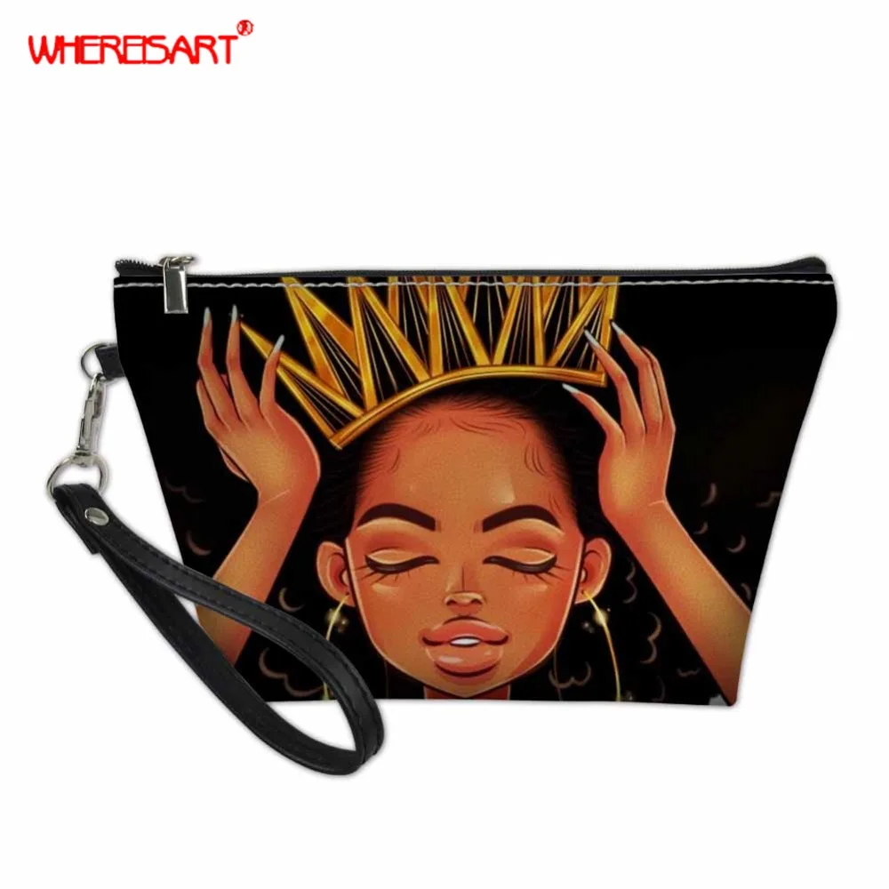 

WHEREISART Women Travel Cosmetic Bag Black African Queen Makeup Bag Female Zipper Purse Cosmetics Make Up Bags Beauty Organizer