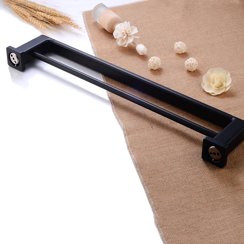 Towel Bar Holder Aluminum Double Bathroom Towel Rack Hanging Holder Black Wall Mounted Towel Holder Restroom Clothes Robe Rack