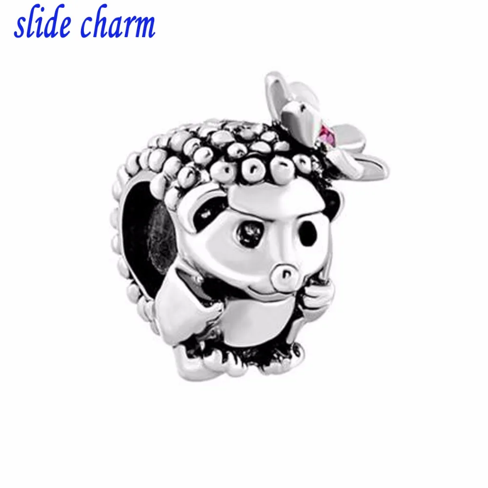 

slide charm Free shipping pink rhinestone flower hedgehog animal charm beads fit Pandora bracelet mother lover Christmas gift