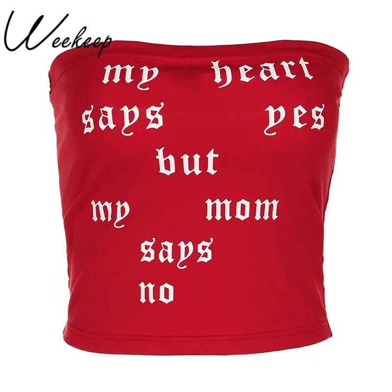 Weekeep Sexy Gothic Letter Print Knitted Tube Top Cropped Strapless 