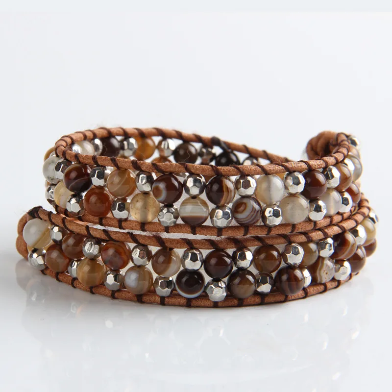 New Fashion Leather Beaded Wrap Bracelets For Men And Women High Quality 6mm Coffee Stripe Stone