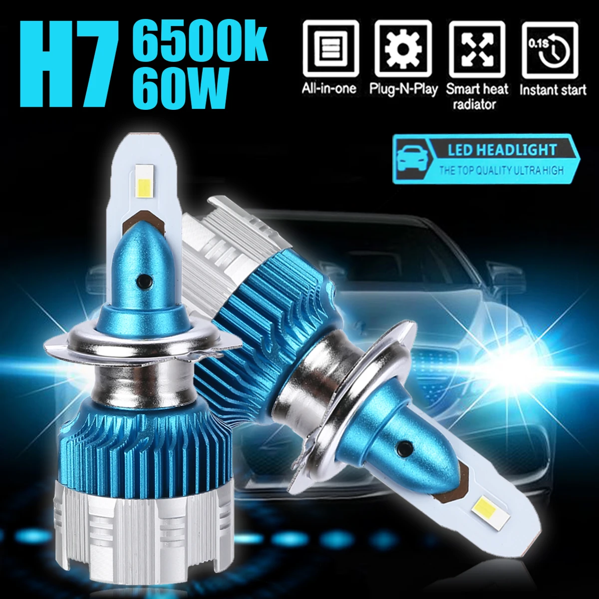 

Car Light Source 2pcs 6500K Waterproof LED Bulb H7 60W LED Headlight Head Lamp Bulbs Mini Design