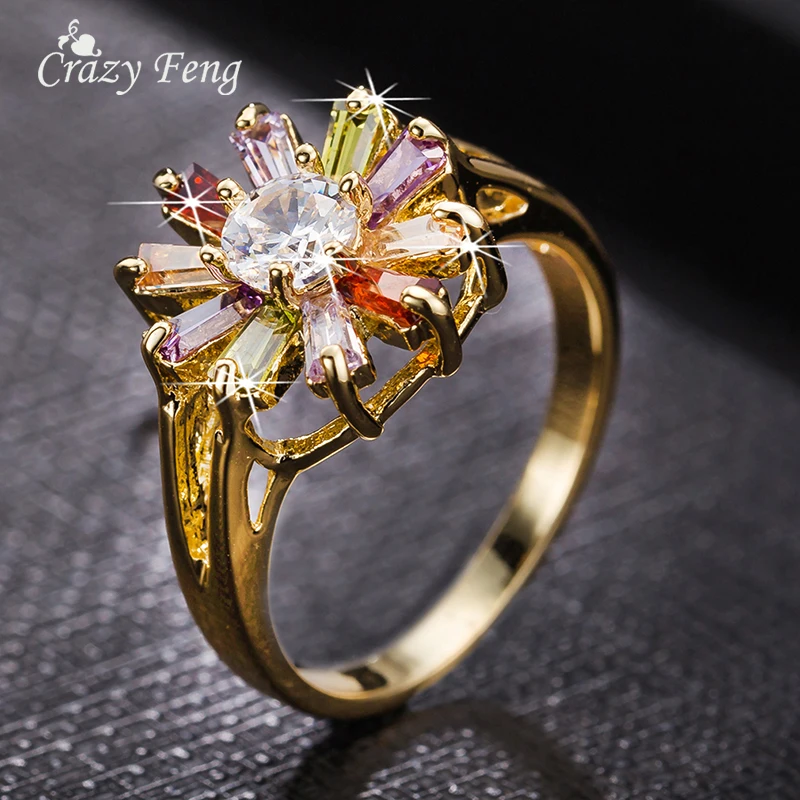 

Elegant Hot Fashion Gold-color CZ Zirconia Jewelry Ring For Women Size 16 17 18 19 Colorful Flower Crown Crystal Wedding Rings