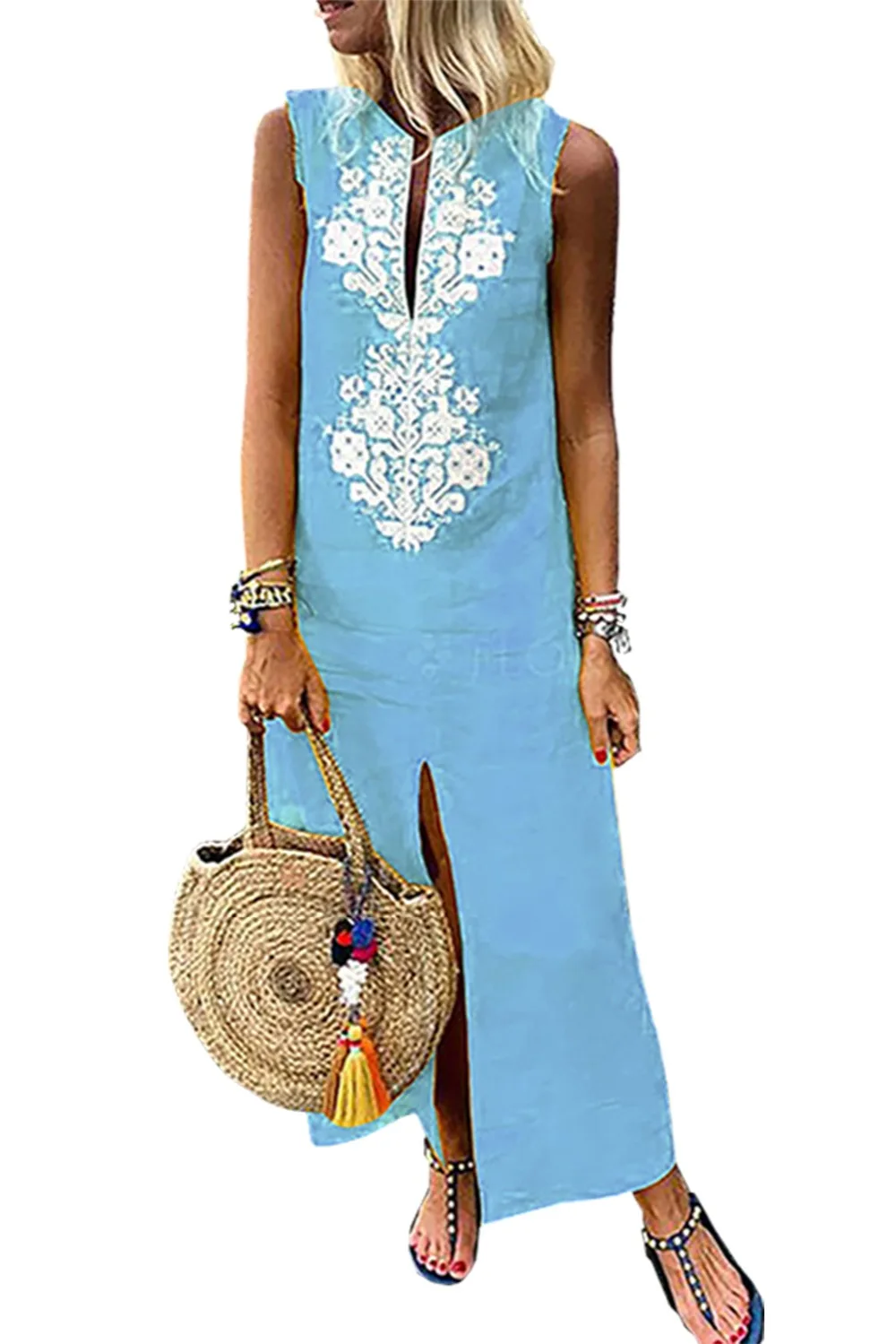 Sky-Blue-Sleeveless-Casual-Slit-Geometric-Summer-Dress-LC611109-4-1