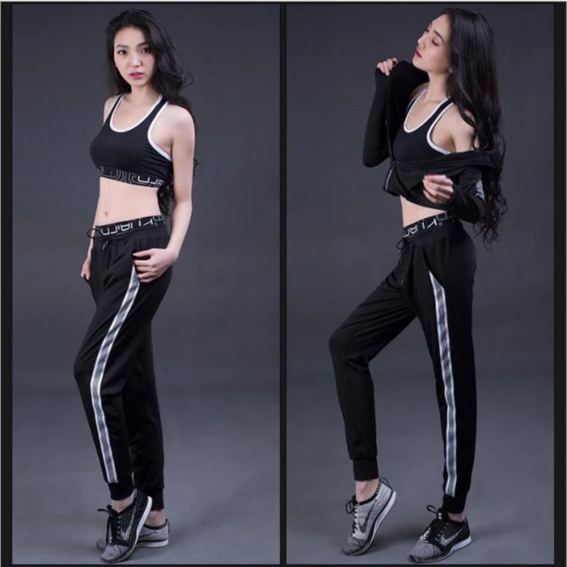 

2018 New arrive women sportswear black 3pcs set gym clothes jacket+bra+pants high quality running set workout sport suit set