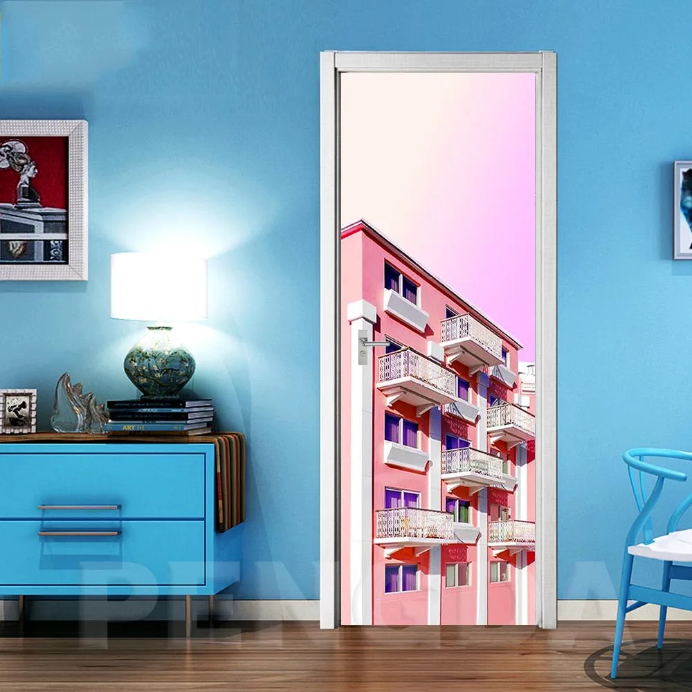 Самоклеющиеся 3d наклейки на дверь, украшение дома, живописное здание, водонепроницаемые обои, печать на холсте, картина на стену, искусство для гостиной