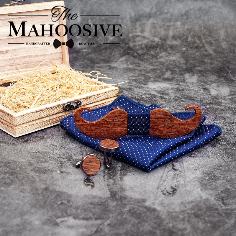  Mustache Wood Bowtie Handkerchief Cufflinks Sets for Mens Suit Wooden Bow tie dropshipping Bow Tie 