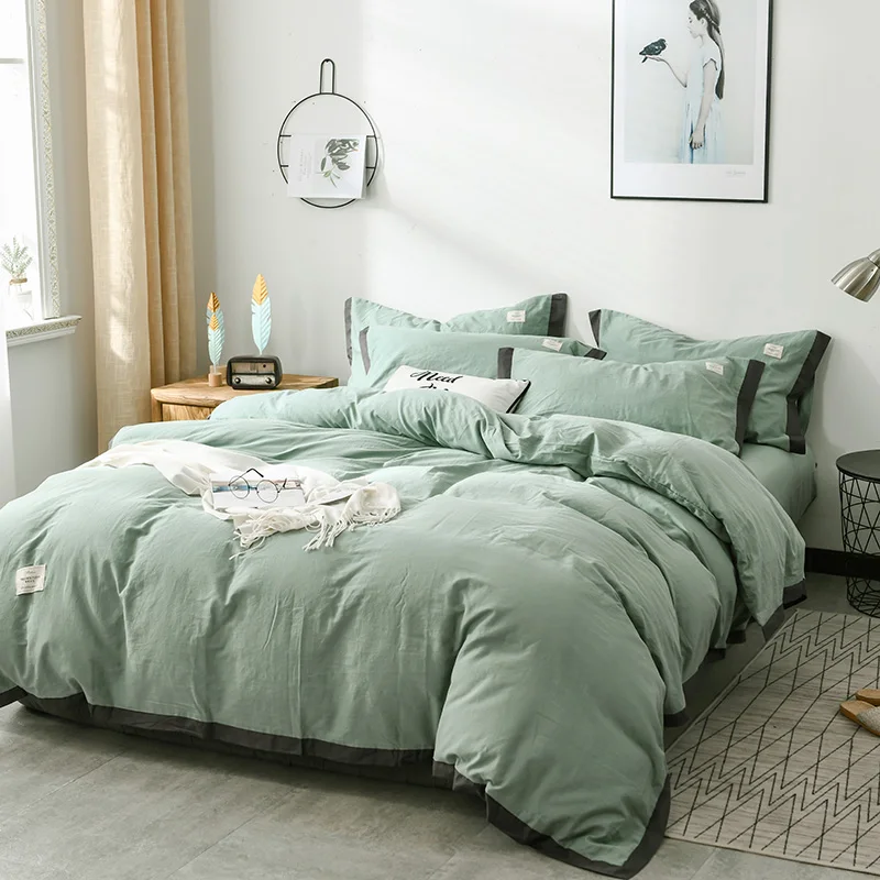 3 4pcs Washed Cotton Brief Style Green Solid Fashion Bedding Sets Duvet Cover Flat Fitted Bed Sheet Pillowcase Home Use Soft | Дом и сад