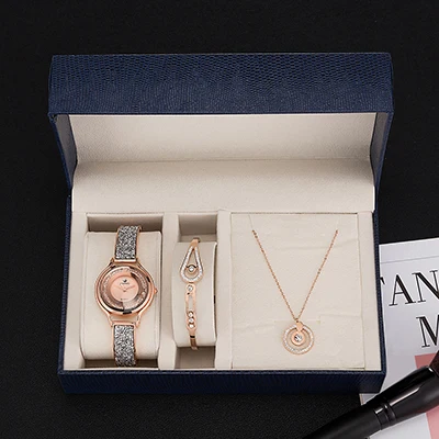 rose gold ZONMFEI бренд подарочная коробка набор 3 шт. женские Роскошные наручные часы/браслет из нержавеющей стали/ожерелье из нержавеющей стали набор популярный умный стиль - Цвет: rose gold