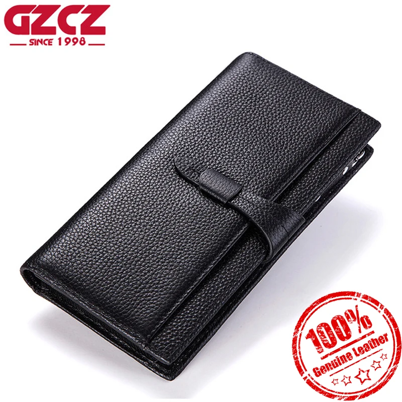 

GZCZ 2018 Fashion Genuine Leather Women Wallet Cell Phone Pocke Long Female Purse With Zipper High Quality For Money Bag