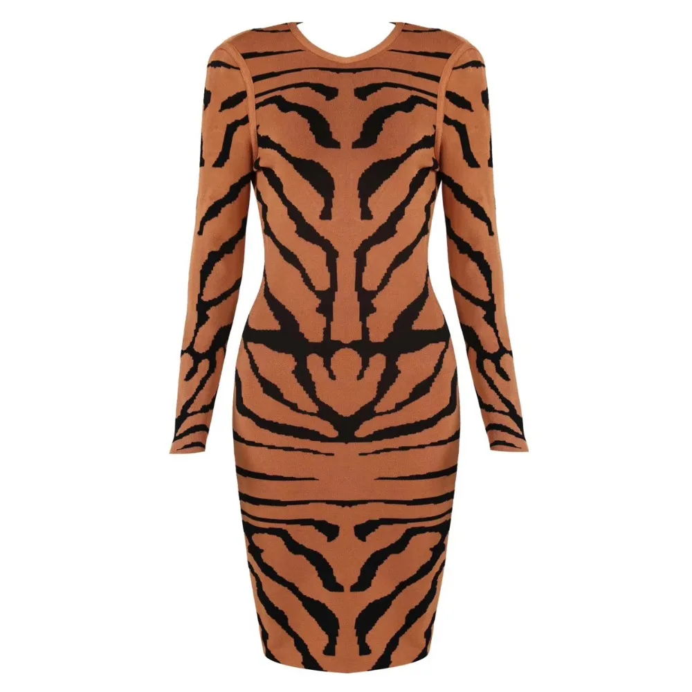 

Tiger pattern Sexy Women Long Sleeve Bandage Dress Round Neck Jacquard Striped Dress Light Brown