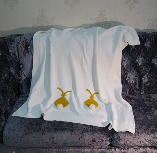Harga Gaya Nordic katun putih Rajutan bayi selimut dengan kuning kelinci desain Sofa multifungsi bayi selimut Membedung 100*90 cm