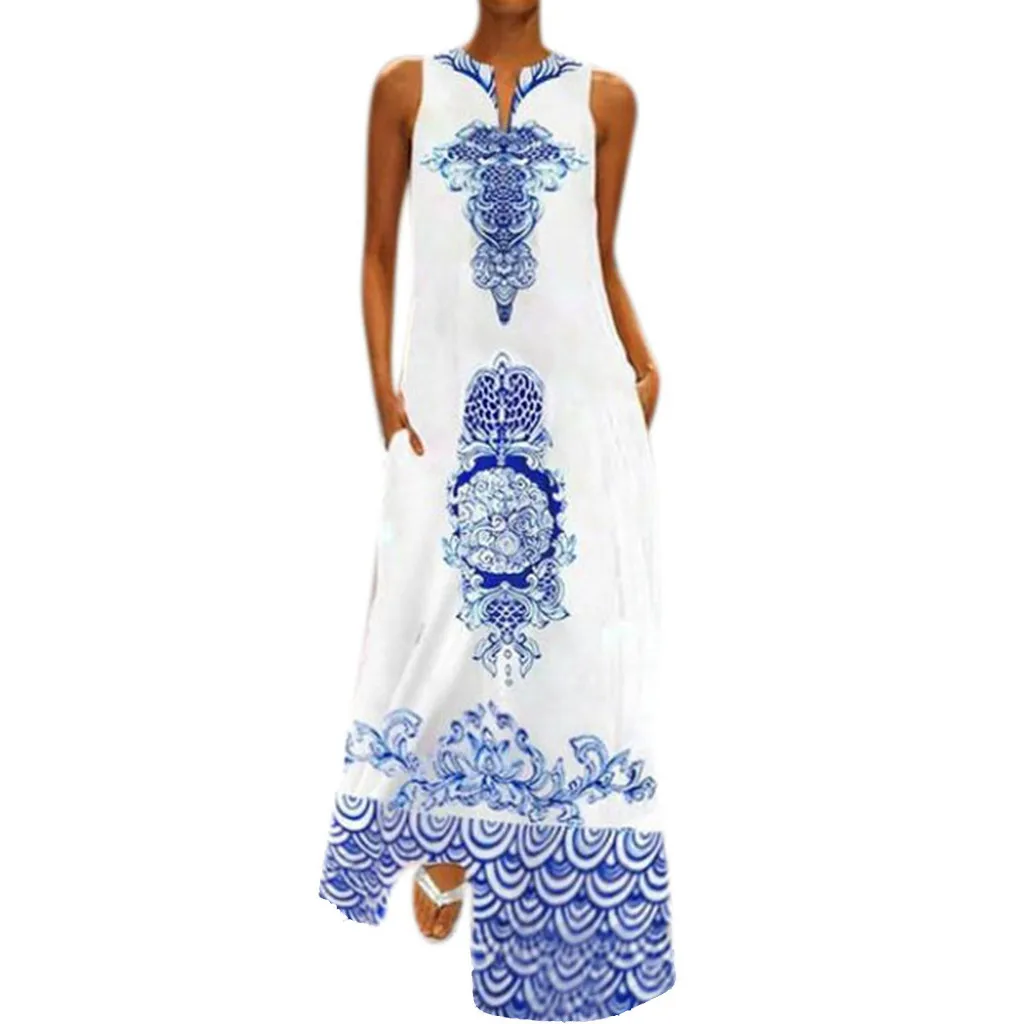 Женское платье летнее Бохо Макси платье без рукавов с v-образным вырезом цветочный принт китайский стиль длинные платья свободные халаты Vestidos плюс
