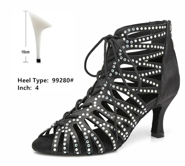 Salsa Dance Boots Black Shining Lace Zipper Opening for Wedding Party Ballroom Social Dancing Glitter Women Sandals Medium 7.5cm - Цвет: black  10cm