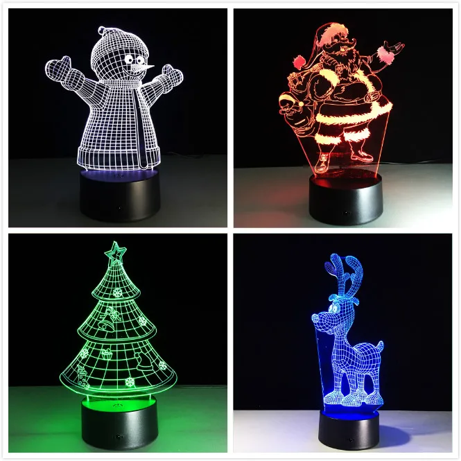 Акриловая 7 цветов, меняющая светодиодный USB 3D настольная лампа, новинка, подарки, Рождественская елка, снеговик, Санта Клаус, Рождественский олень для украшения дома