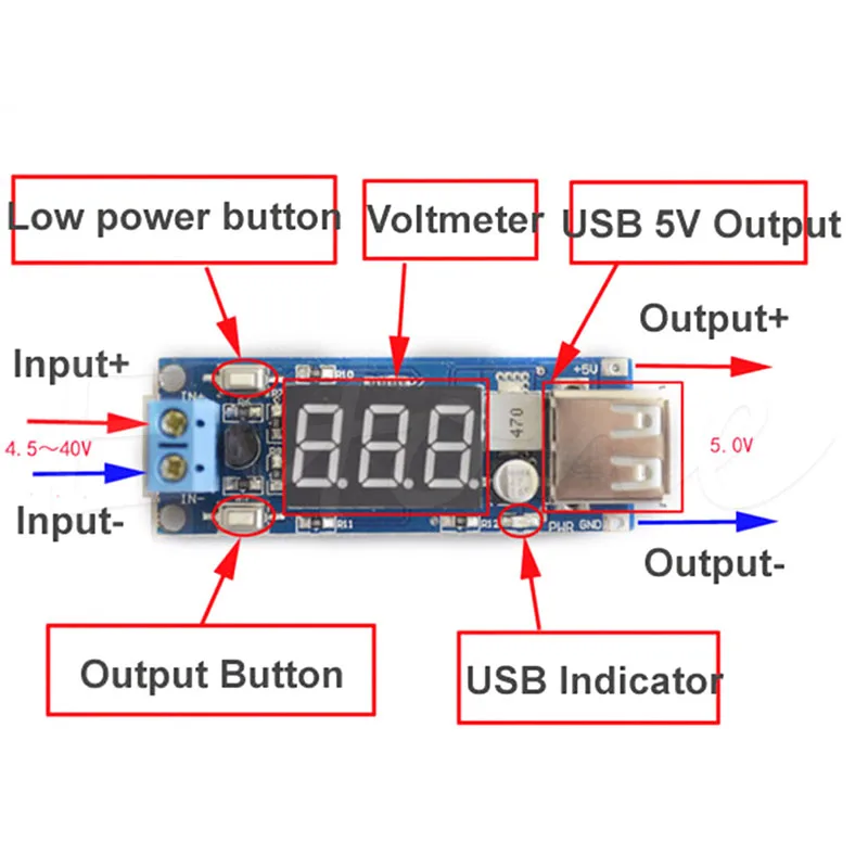 4,5-40 в 2 в 1 DC до 5 В 2A USB зарядное устройство DC-DC понижающий преобразователь вольтметр модуль MY2