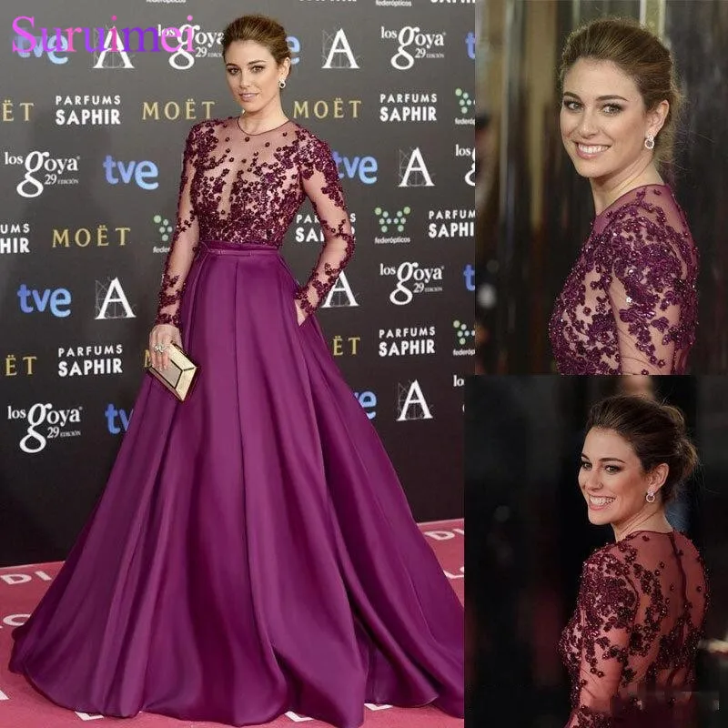

Elegant Grape Zuhair Murad Celebrity Evening Dresses Sheer Long Sleeves Lace Beaded Long Custom Made 2018 Prom Special Occasion
