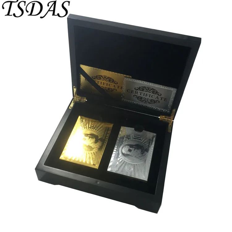 Модный дизайн Евро 100& 500, 24K Золотая фольга, игральные карты, две колоды для покера, черный деревянный чехол, свадебный подарок
