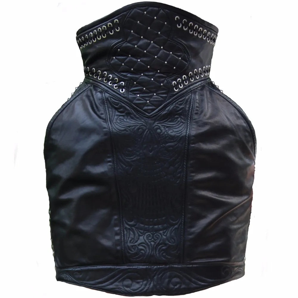 Black High Waist Riviet Above Knee Skirt Genuine Leather Mini Skirt (5)