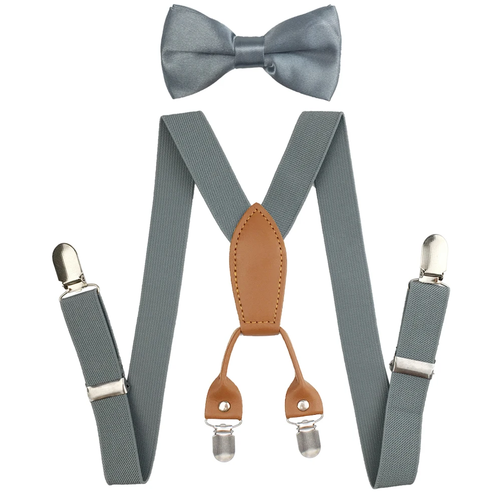 Soild Color Children Belt Bowtie Set Baby Boys Girls Suspenders 4 Clip-on Y-Back Braces Bow Tie Elastic Kids Adjustable