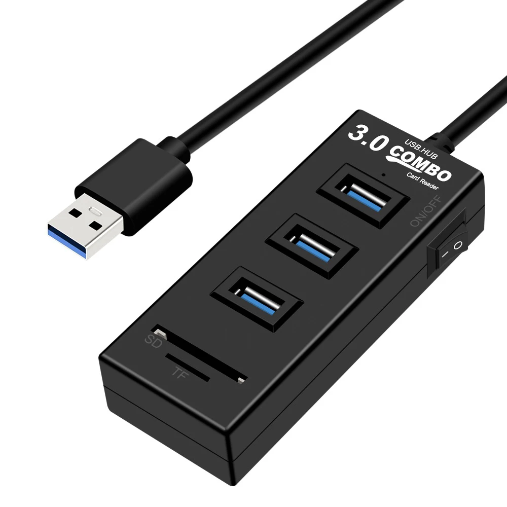 Usb-хаб кард-ридер высокоскоростной 3 порта USB 3,0 концентратор Мульти USB разветвитель вкл/выкл переключатель с SD/TF кард-ридер для MacBook ноутбука ПК - Цвет: Black