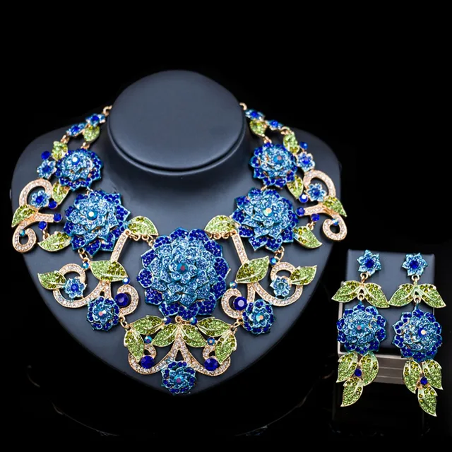 Blue Flower Corsage Austrian crystal bib necklace with earrings sets
