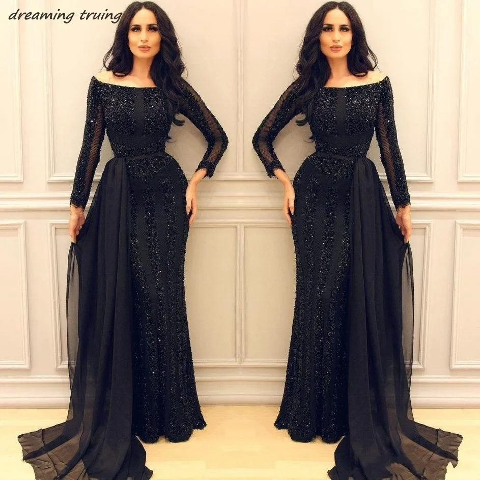Sparkling Beaded Black Off Shoulder Evening Dresses Long Sleeves Elegant Womens Formal Dress Mermaid Arabic Dubai Prom Gowns