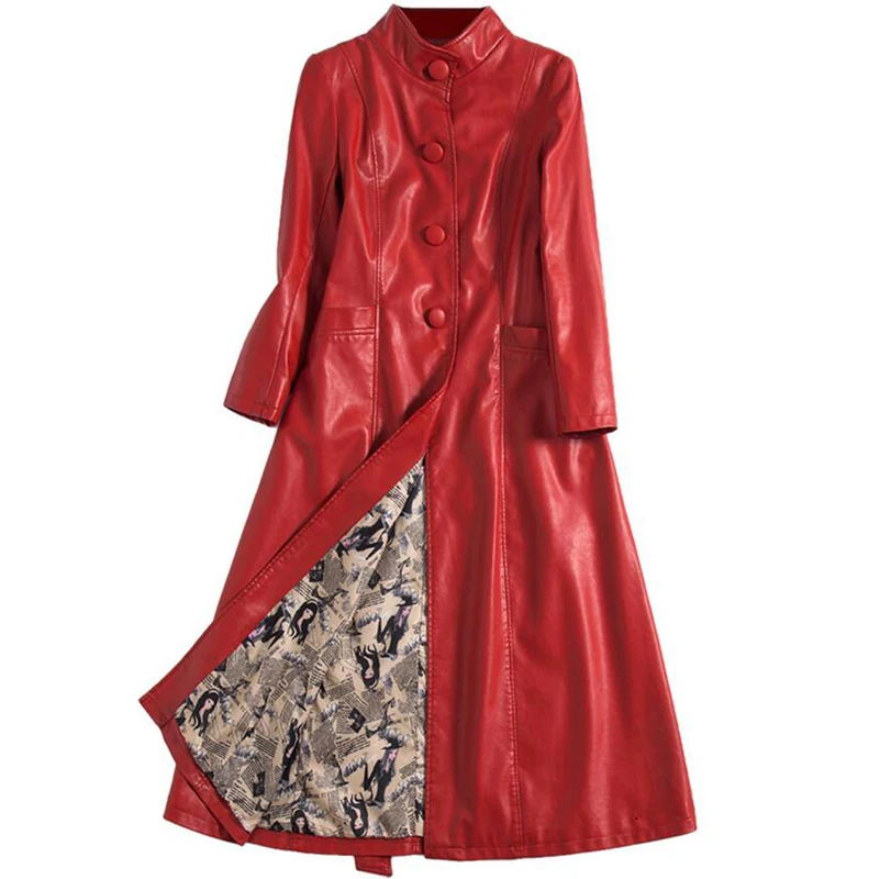 Высококачественная одежда из искусственной кожи осенне-зимняя Женская Длинная кожаная куртка Vogue пояс добавить хлопковое пальто плюс размер 5XL