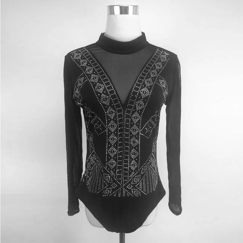 SEBOWEL Sexy Black Mesh Rhinestone Bodysuit Women Silver Studs Mesh Long Sleeve White Bodysuit Club Jumpsuit combinaison femme SEBOWEL Sexy Black Mesh Rhinestone Bodysuit Women Silver Studs Mesh Long Sleeve White Bodysuit Club Jumpsuit combinaison femme