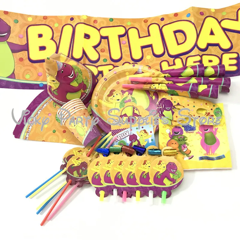 

Barney Cartoon Dinosaur Party Disposable Tableware Kids Birthay Baby Shower Cup Plate Hat Party Tablware Supplies Decoration