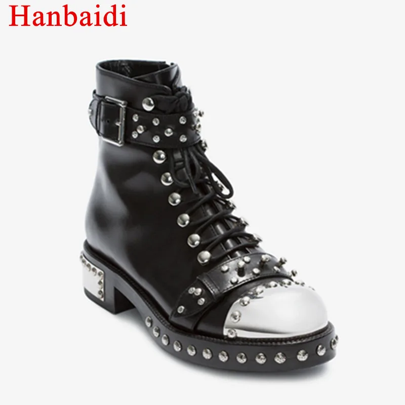 

Hanbaidi Punk Style Runway Ankle Boots Women Metal Round Toe Rivet Buckle Motorcycle Boots New Fashion Woman tenis feminino
